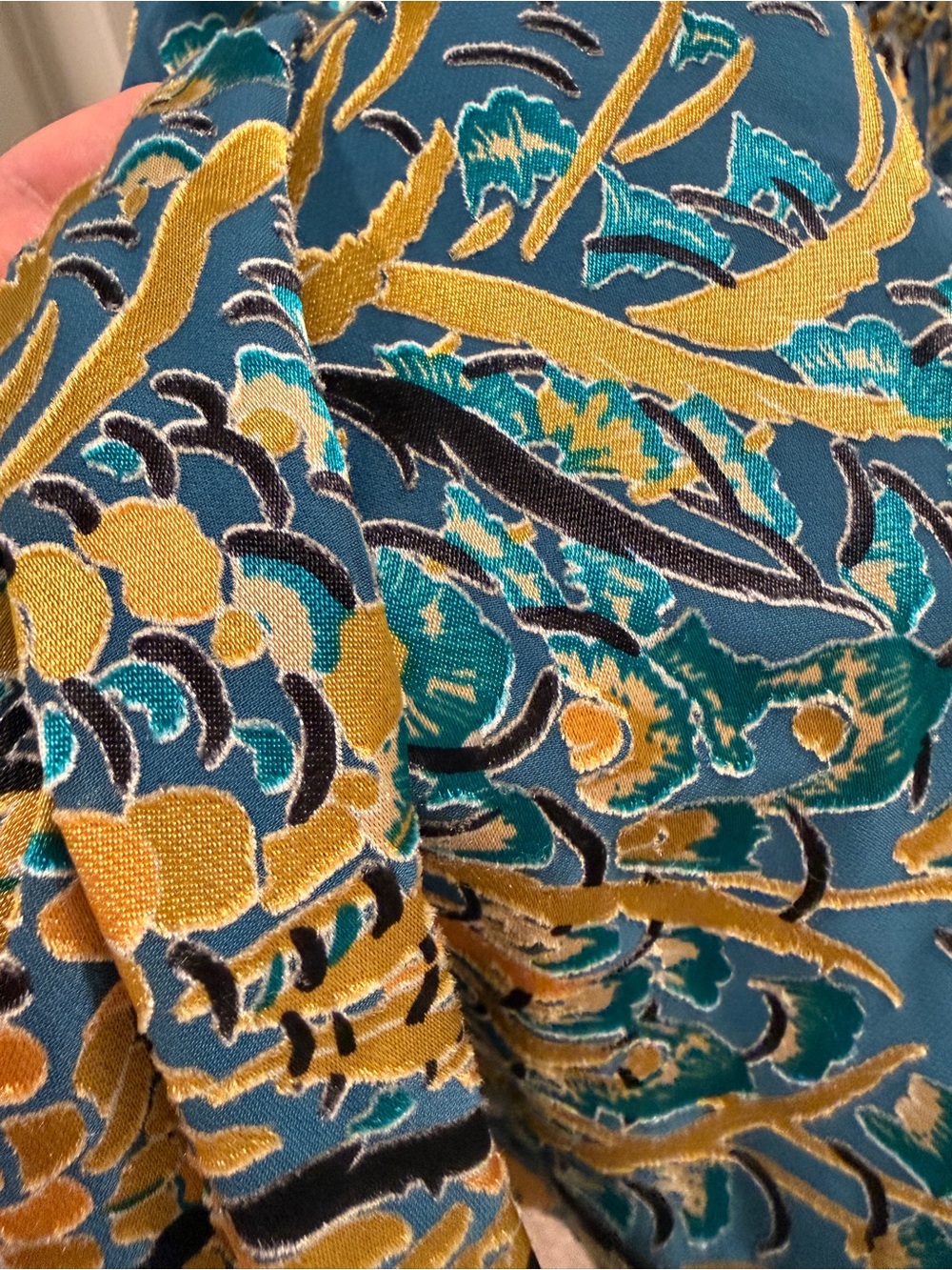White House Black Market Teal and Gold Long Sleeve Midi Dress - Picture 7 of 14